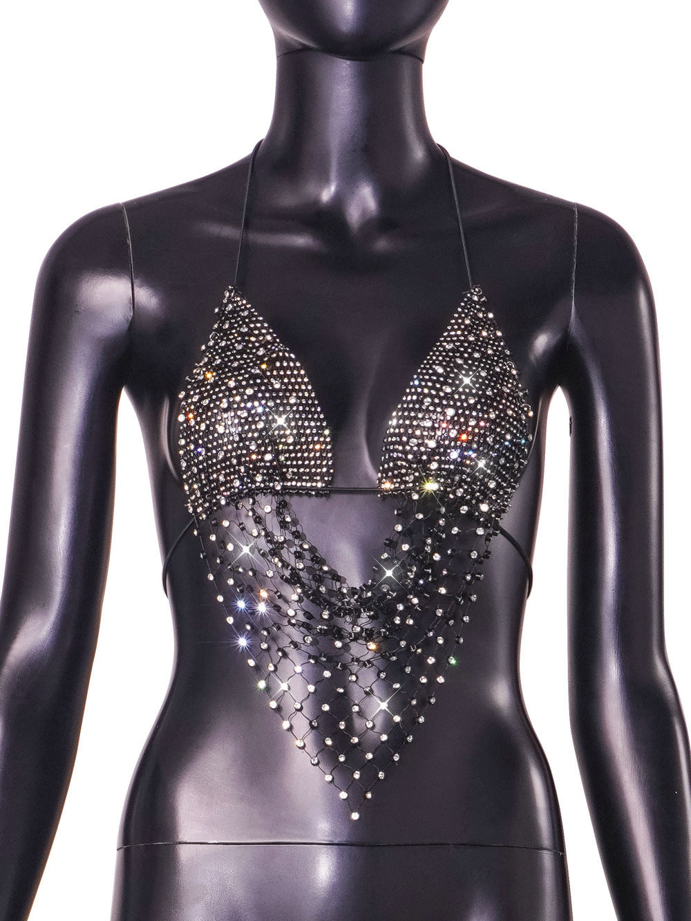 Lingerie Patchwork Fishnet Hollow Out Rhinestone Lace-up Halter Neck Strap Sexy Festival Outerwear Top