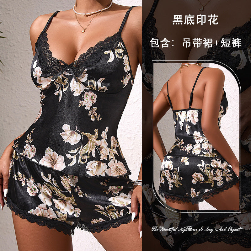New Style Ice Silk Printed Breathable Thin Shorts Women's Loungewear Faux Silk Camisole Top Sexy Pajamas488