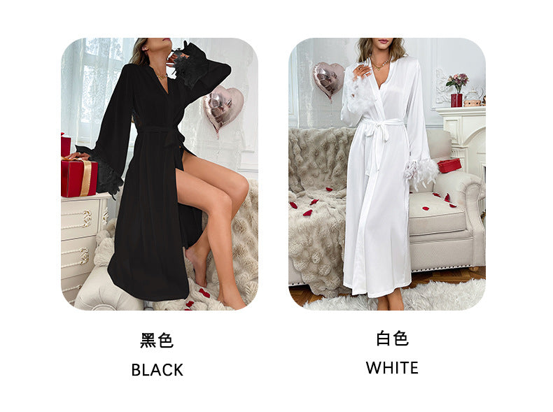 European and American Style Long Nightgown Lace Satin Patchwork Furry Cuffs Sexy Backless Loungewear Pajamas for Women809