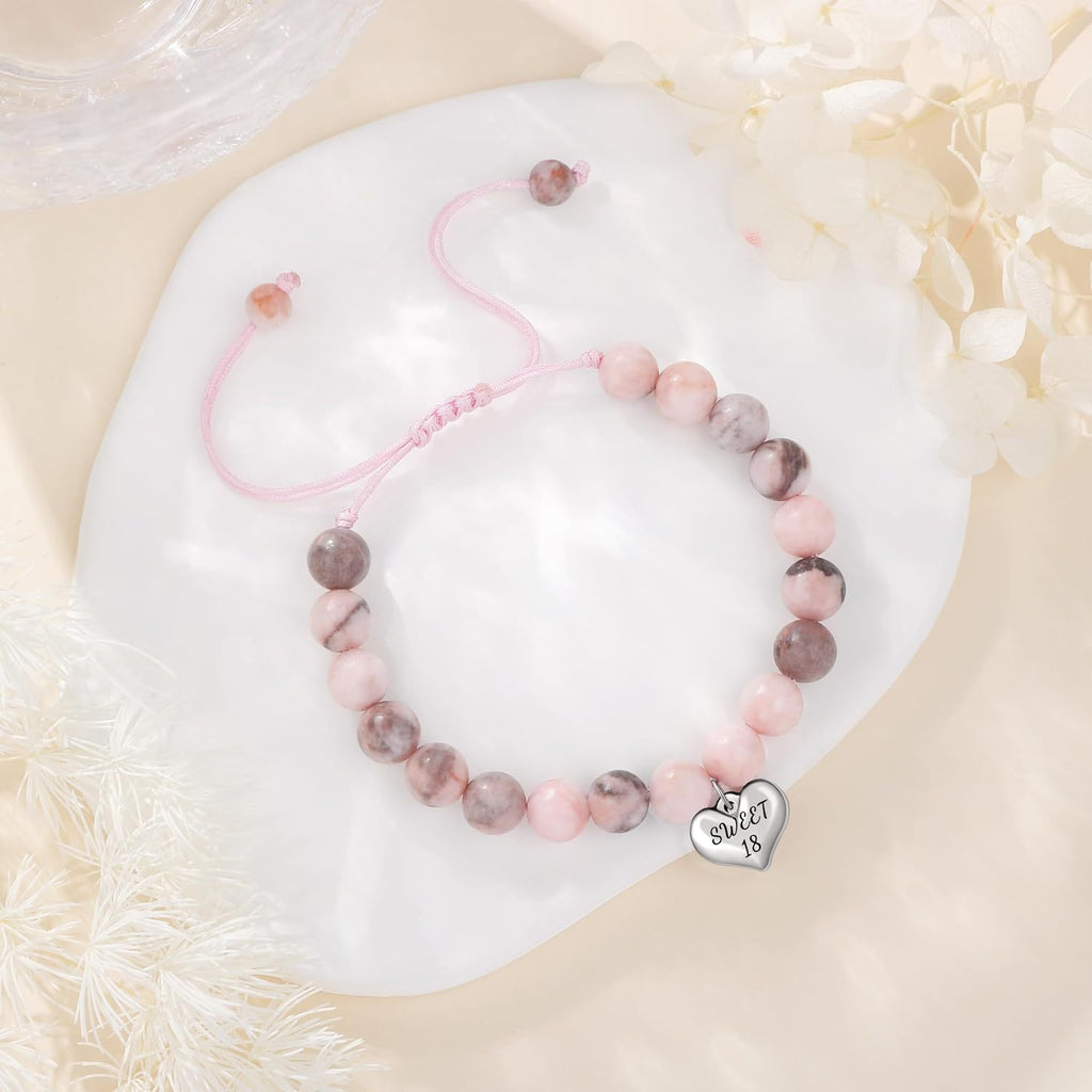Sweet 18 Birthday Bracelet for Daughter - Personalized Heart Pink Zebra Stone adjustable Gift for 18th Birthday