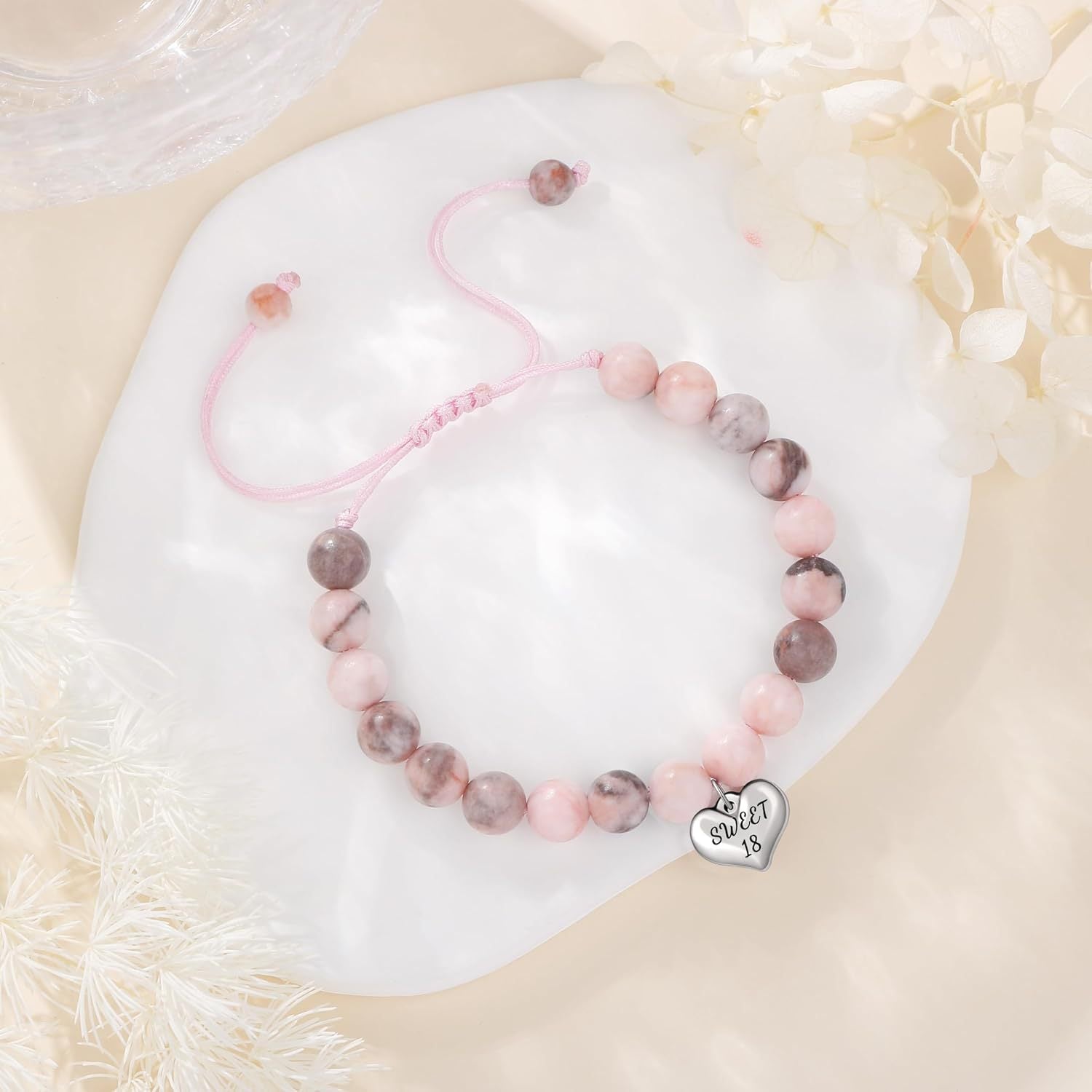 Sweet 18 Birthday Bracelet for Daughter - Personalized Heart Pink Zebra Stone adjustable Gift for 18th Birthday