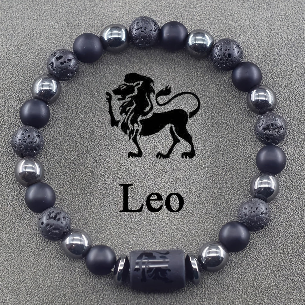 12 Zodiac Signs Bracelets Set for Men - Black Obsidian Lava Stone Elastic Beads Astrology Collection