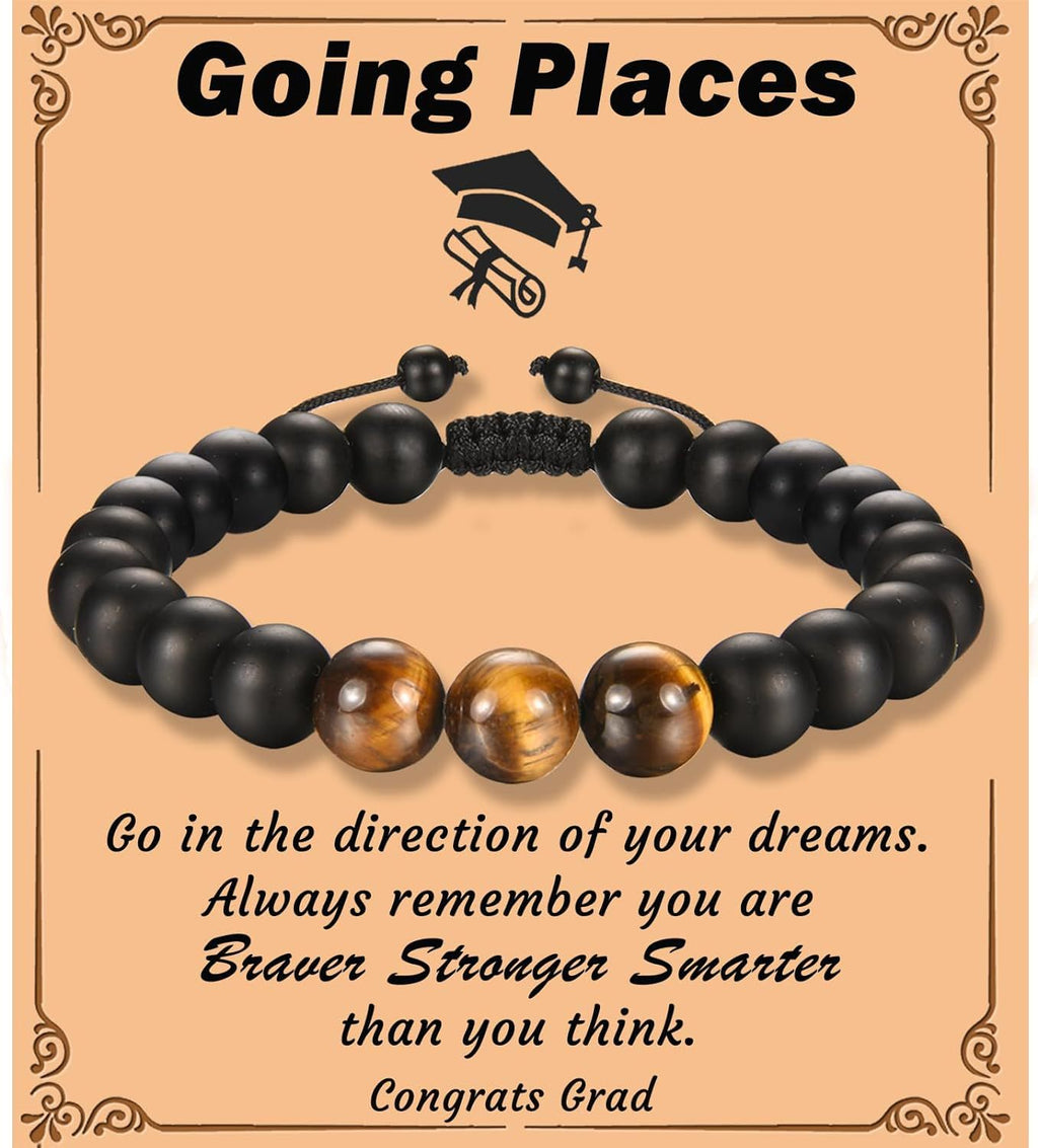 The Adventure Begins" Graduation Bracelet for Men - Tiger's Eye & Lava Stone Bead Bracelet, Gift for Grads