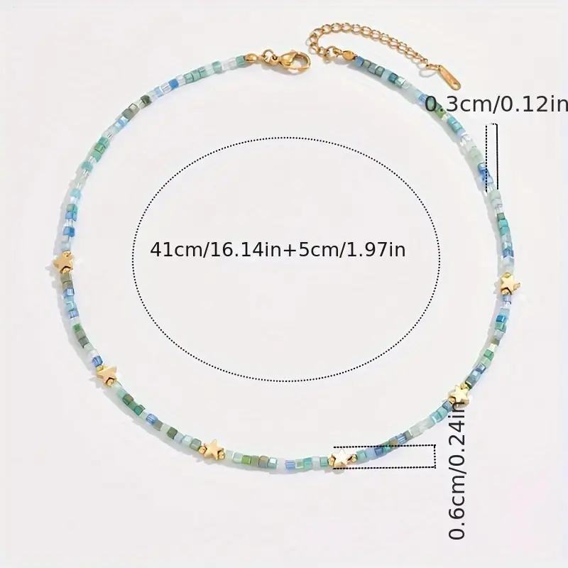 Bohemian Star Seed Bead Necklace - Retro Blue Green Gold Star Pendant Choker for Women