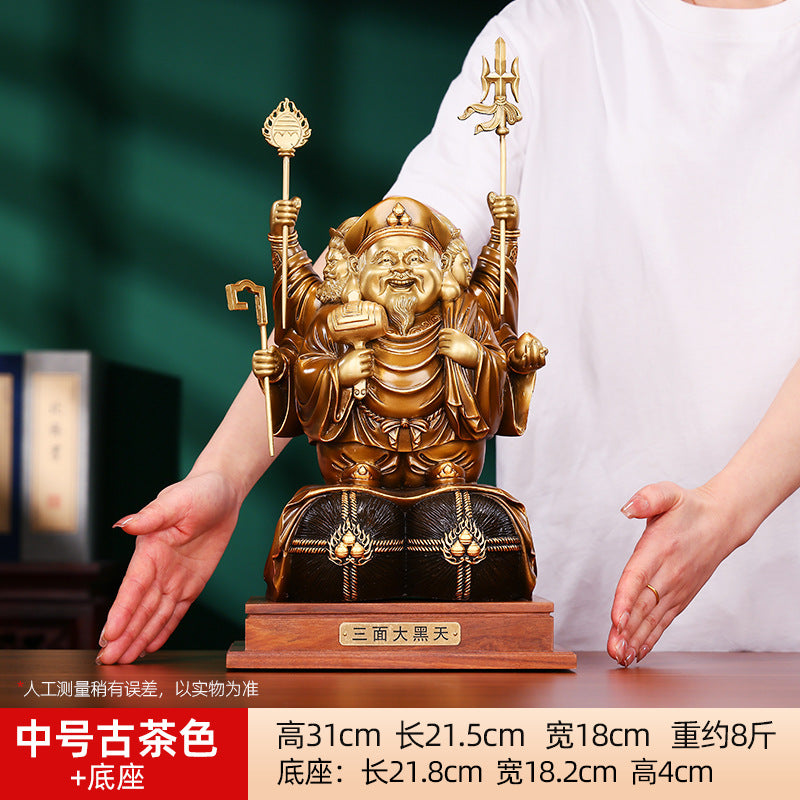 Brass Color-Cut Gold Large Three-Sided Black Heavenly God of Wealth Bronze Statue Home Decoration Craft Ornament