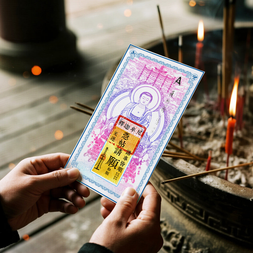 Shakyamuni Buddha Blessing Talisman Set - Sacred Money Mother Card & Altar Frame for Wealth, Wisdom & Wish Fulfillment"