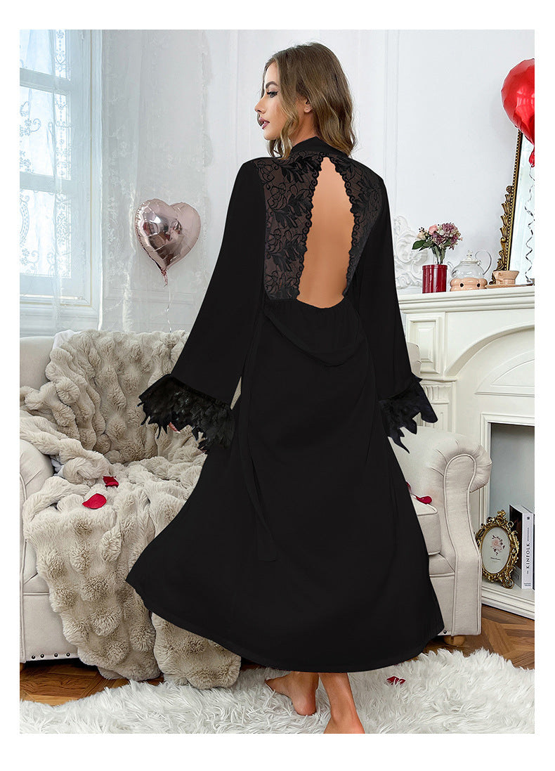 European and American Style Long Nightgown Lace Satin Patchwork Furry Cuffs Sexy Backless Loungewear Pajamas for Women809