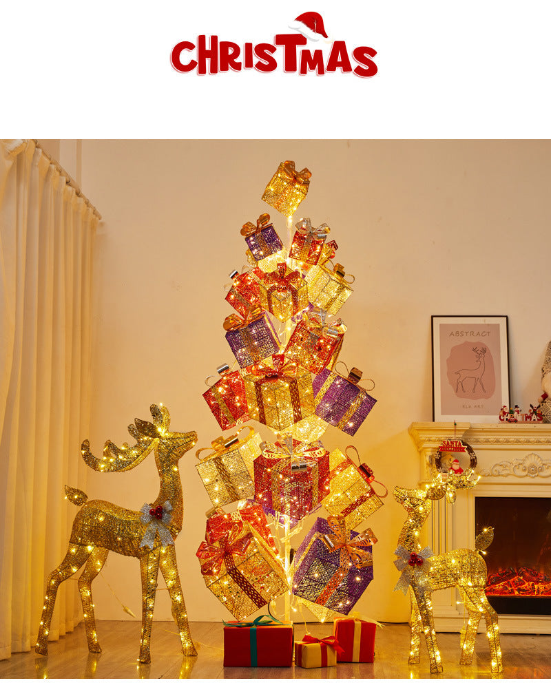 Amazon New Product Christmas Tree Decorations Glowing Gift Box Tree Store Window Display Christmas Reindeer Ornament