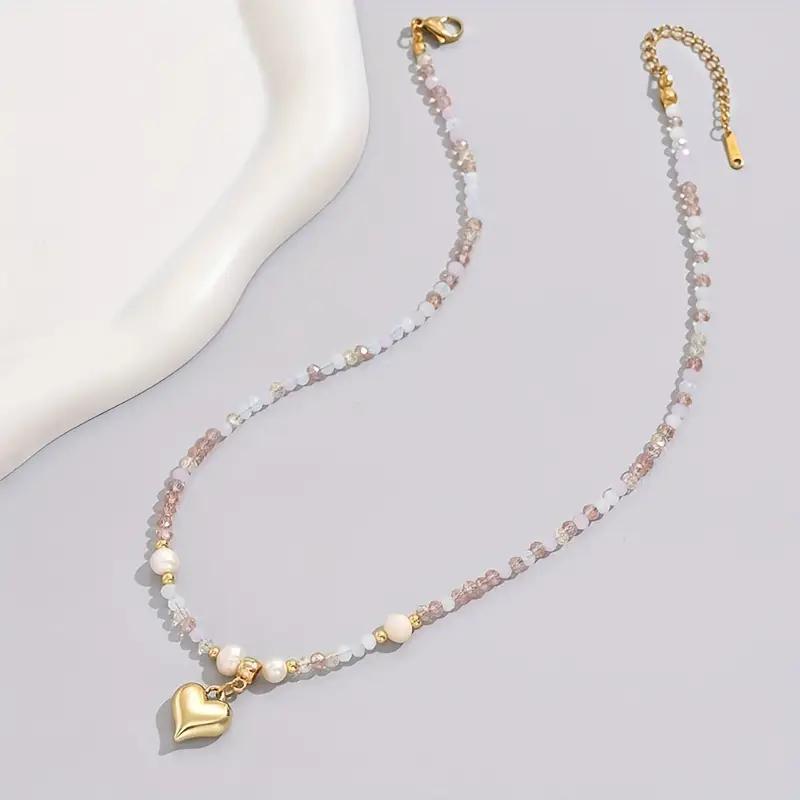 Natural Pearl & Crystal Heart Necklace - Dainty Gold Pendant Choker for Women, Elegant Gift