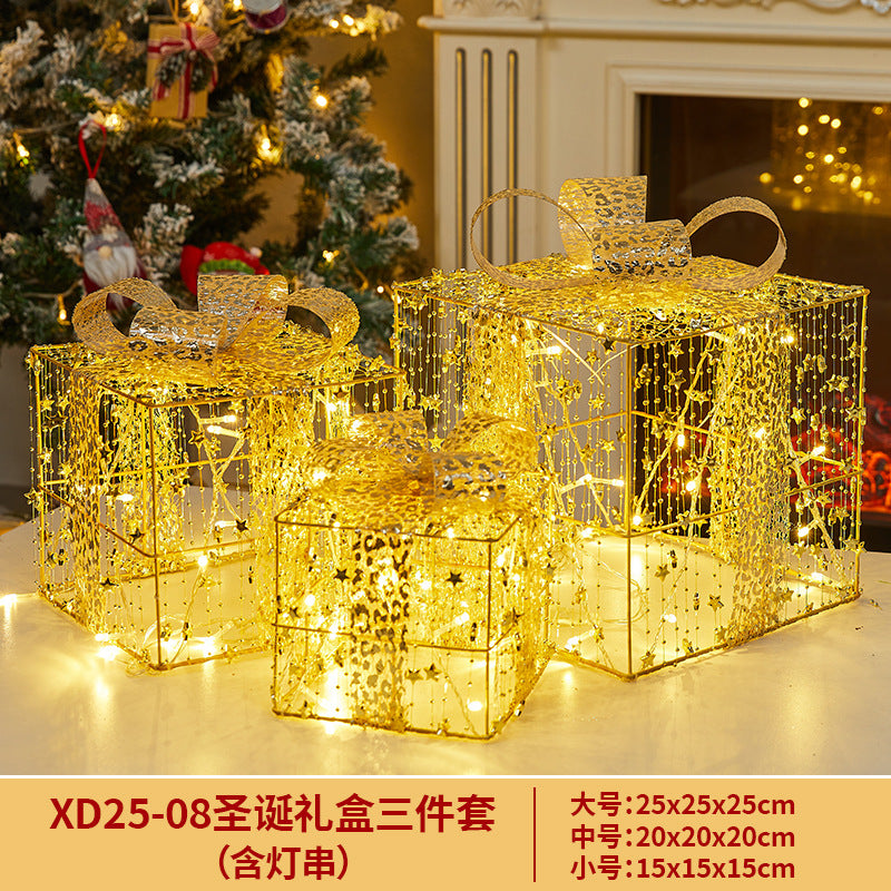 Christmas Decoration Glowing Gift Box Under the Christmas Tree Star Hollow Iron Art Gift Box Window Display Gift Box Ornament