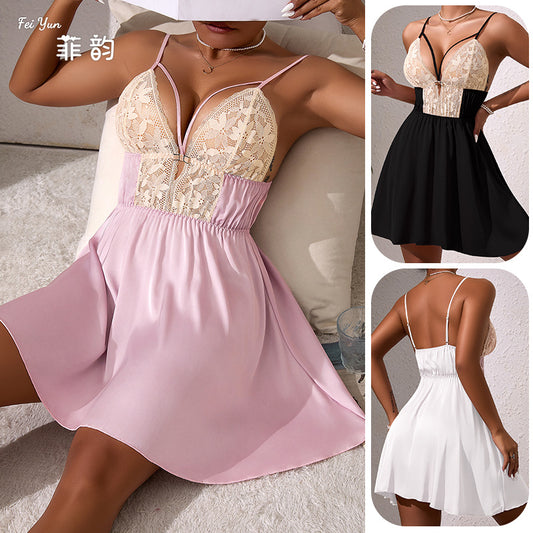 European and American New Sexy Deep V Lace Satin Sheer Strap Dress Sexy Nightdress Women's Loungewear417