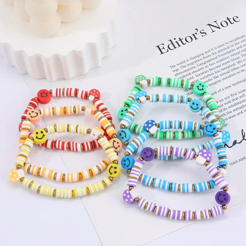 Kids Polymer Clay Bracelet Set - Smiley Face & Mushroom Adjustable Bracelets for Girls Boys, Fun Party Favors