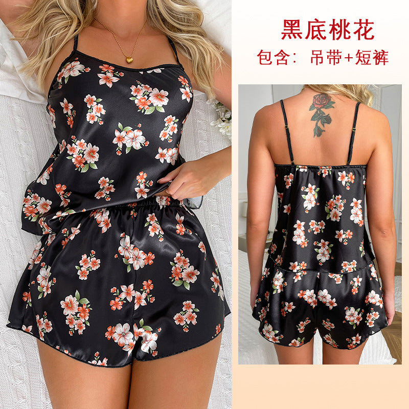 European and American Sexy Lingerie Satin Floral Print Temptation Nightdress Amazon AliExpress Bestseller428