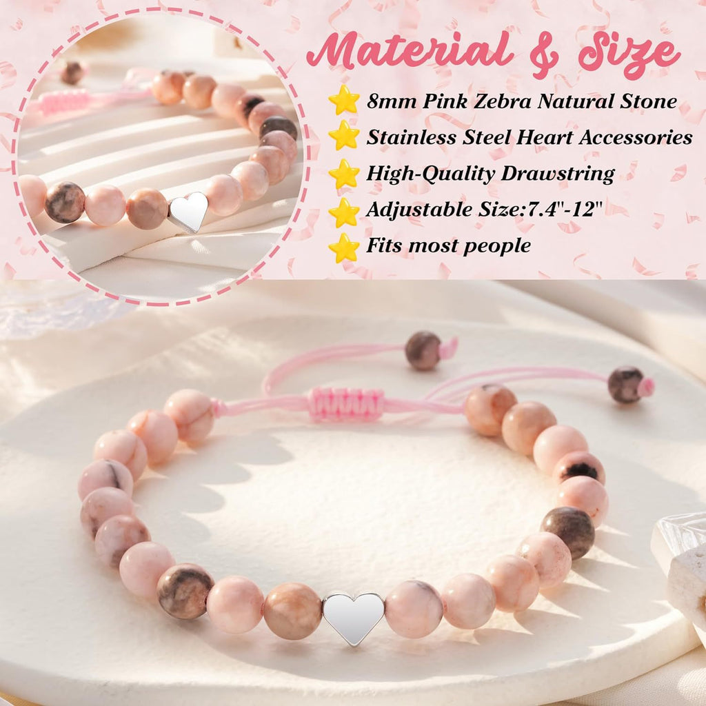 Courage Affirmation Bracelet - Pink Zebra Stone Elastic Bead Bracelet, Handmade Gift of Love & Strength