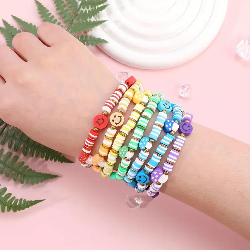 Kids Polymer Clay Bracelet Set - Smiley Face & Mushroom Adjustable Bracelets for Girls Boys, Fun Party Favors