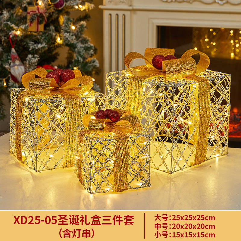 Christmas Decoration Glowing Gift Box Under the Christmas Tree Star Hollow Iron Art Gift Box Window Display Gift Box Ornament