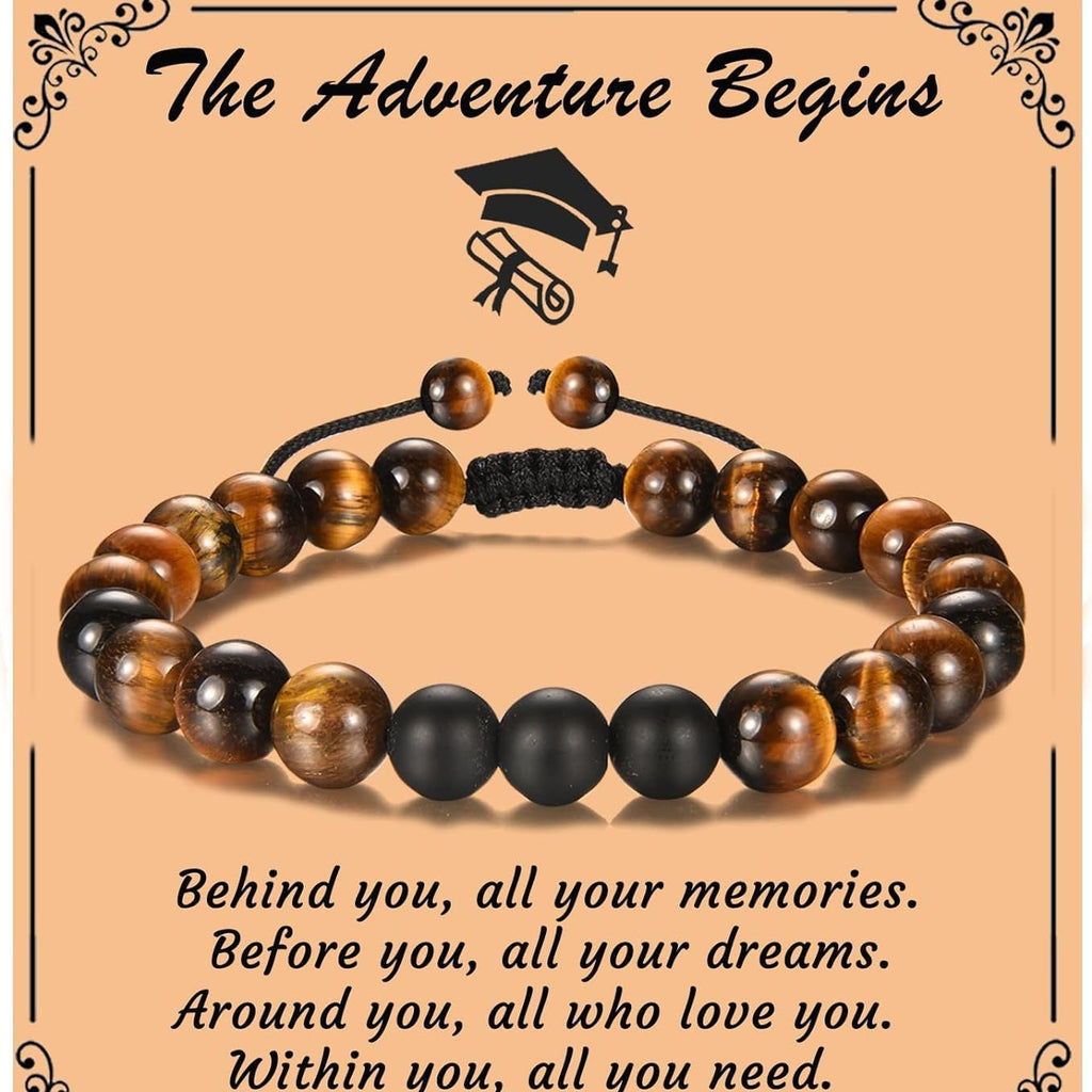 The Adventure Begins" Graduation Bracelet for Men - Tiger's Eye & Lava Stone Bead Bracelet, Gift for Grads