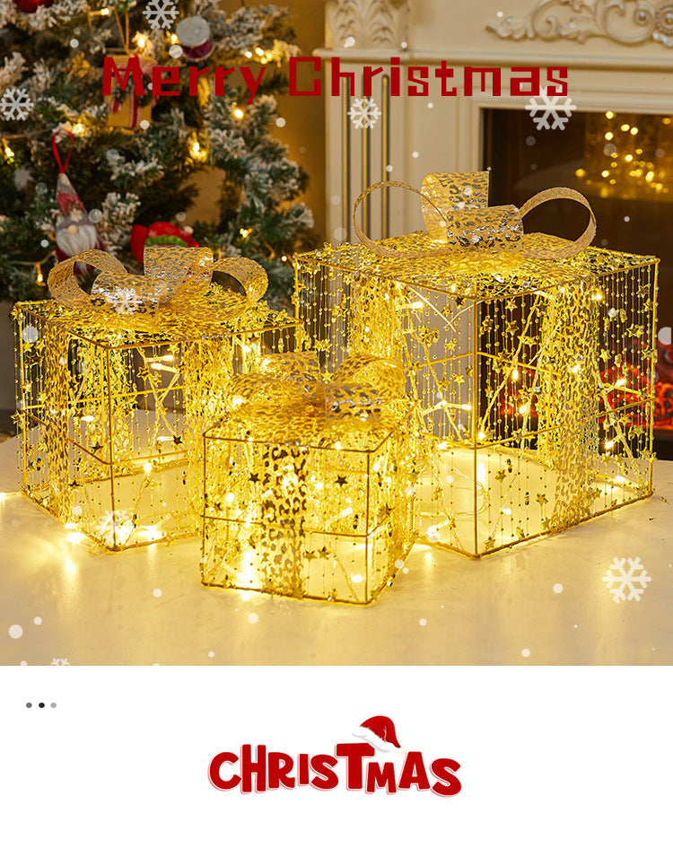 Christmas Decoration Glowing Gift Box Under the Christmas Tree Star Hollow Iron Art Gift Box Window Display Gift Box Ornament