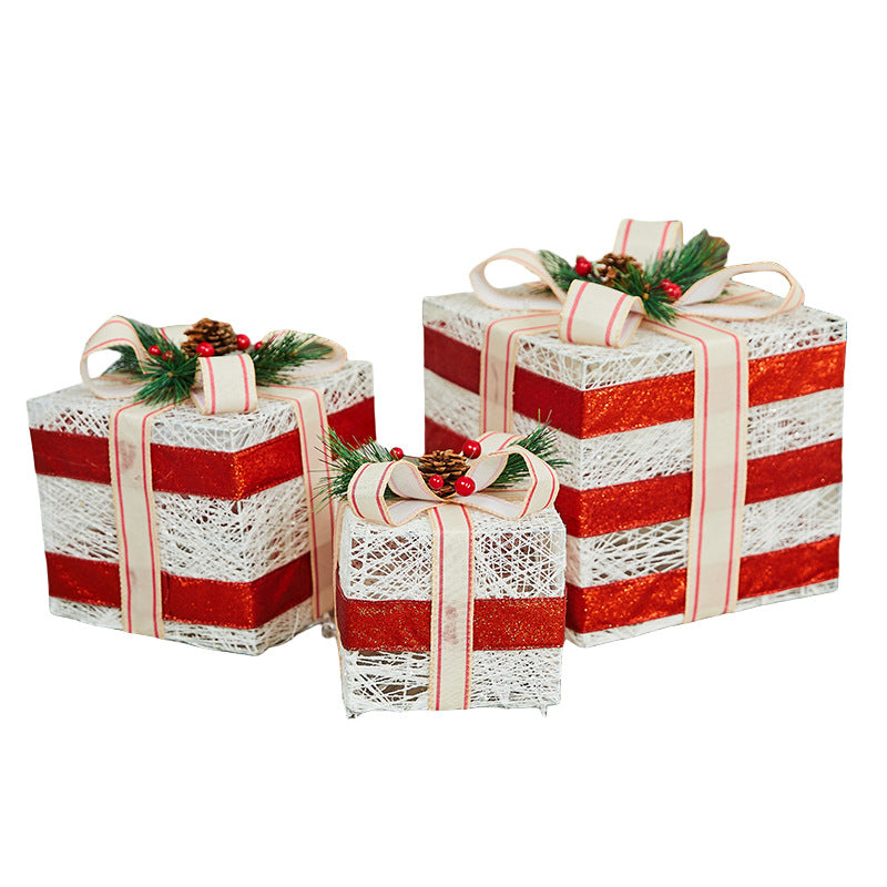 Christmas Decoration Iron Art Gift Box with Lights, Three-Piece Set Gift Box for Under the Christmas Tree Decoration