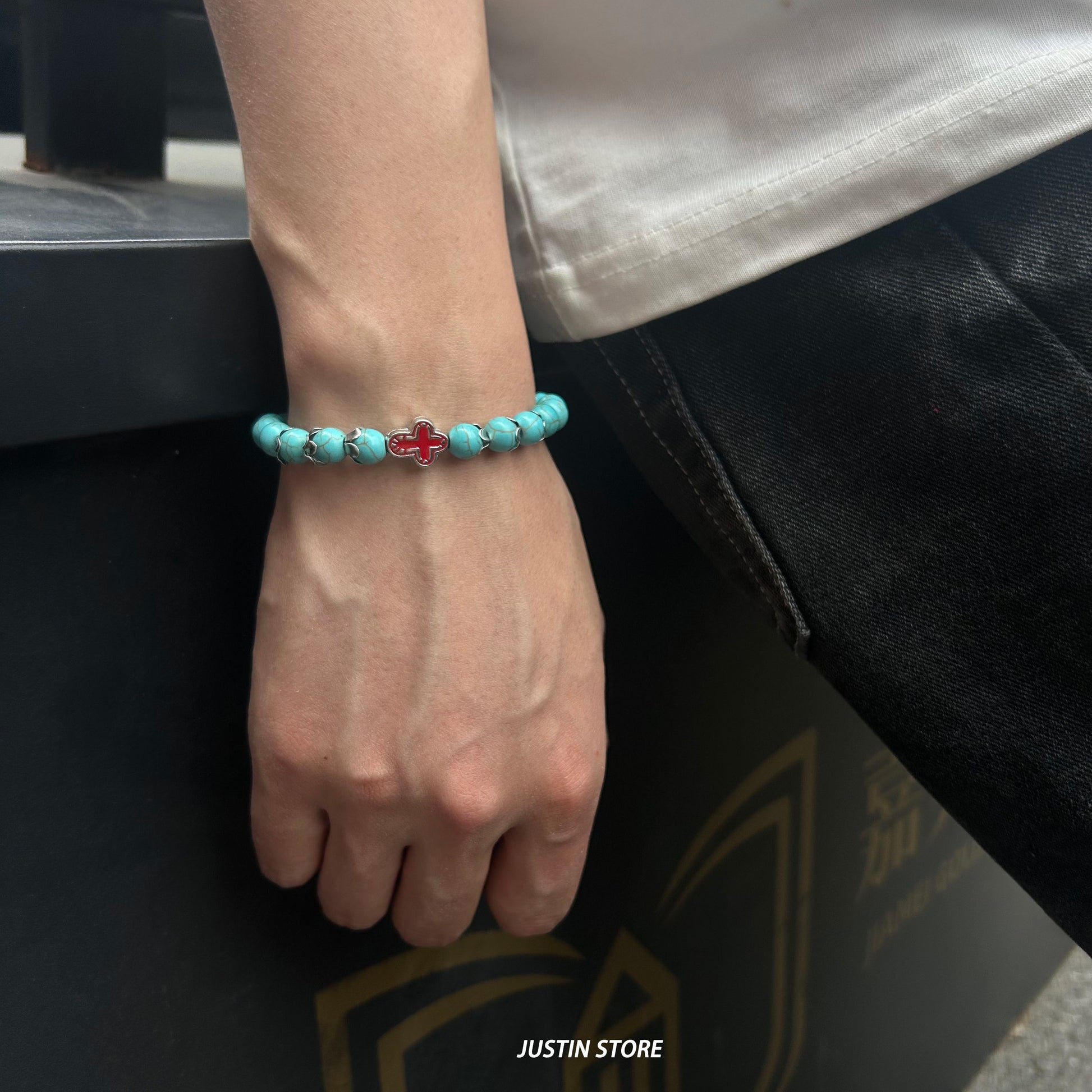 Turquoise Cross Protection Bracelet - Stretchable Natural Stone Beads Bracelet for Men & Women