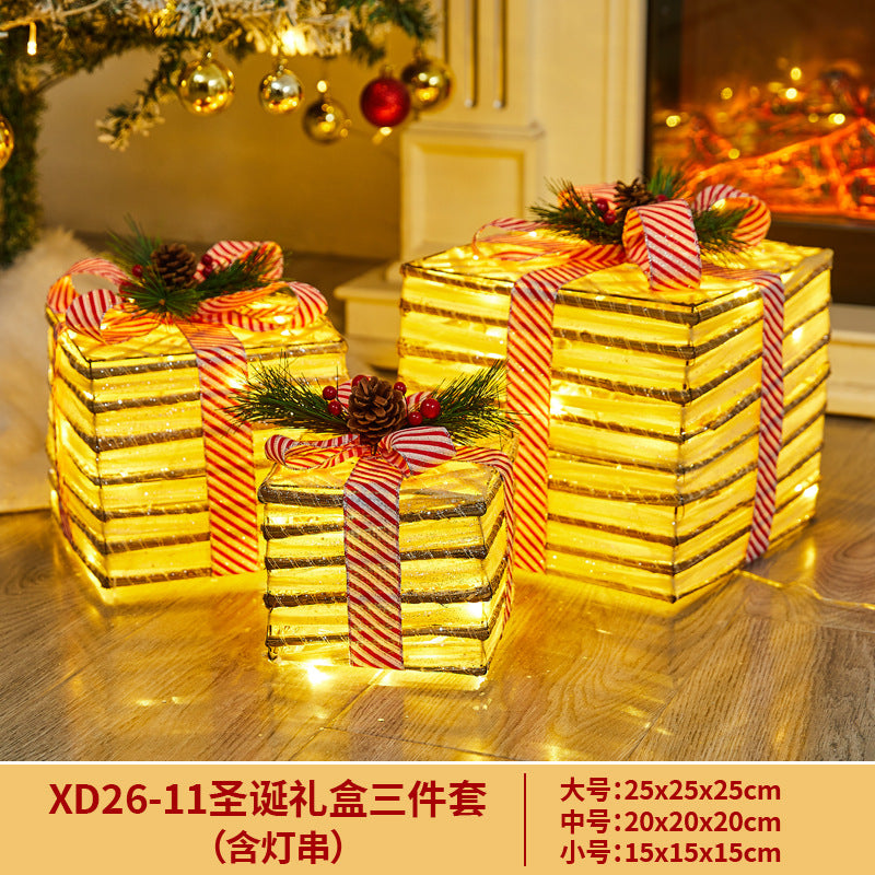 Christmas Decoration Iron Art Gift Box with Lights, Three-Piece Set Gift Box for Under the Christmas Tree Decoration