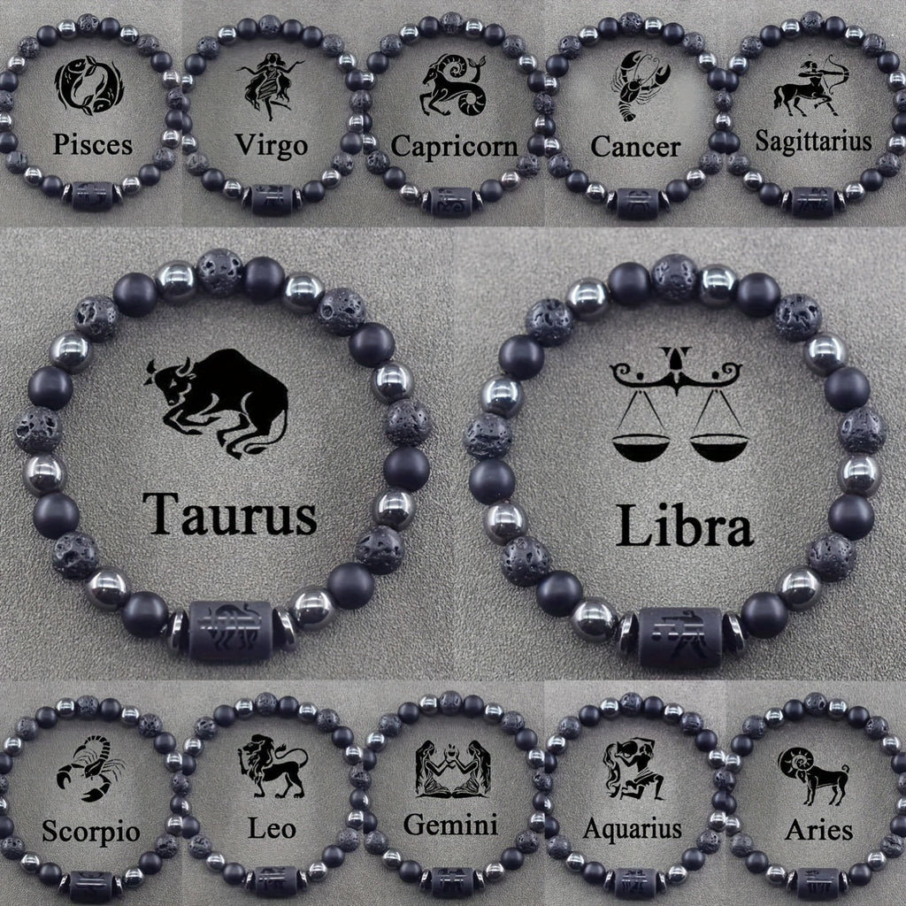 12 Zodiac Signs Bracelets Set for Men - Black Obsidian Lava Stone Elastic Beads Astrology Collection
