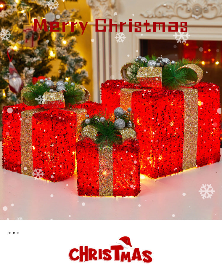 Christmas Decoration Iron Art Sequin Gift Box Glowing Under Christmas Tree Gift Box Three-Piece Set Window Display Decoration