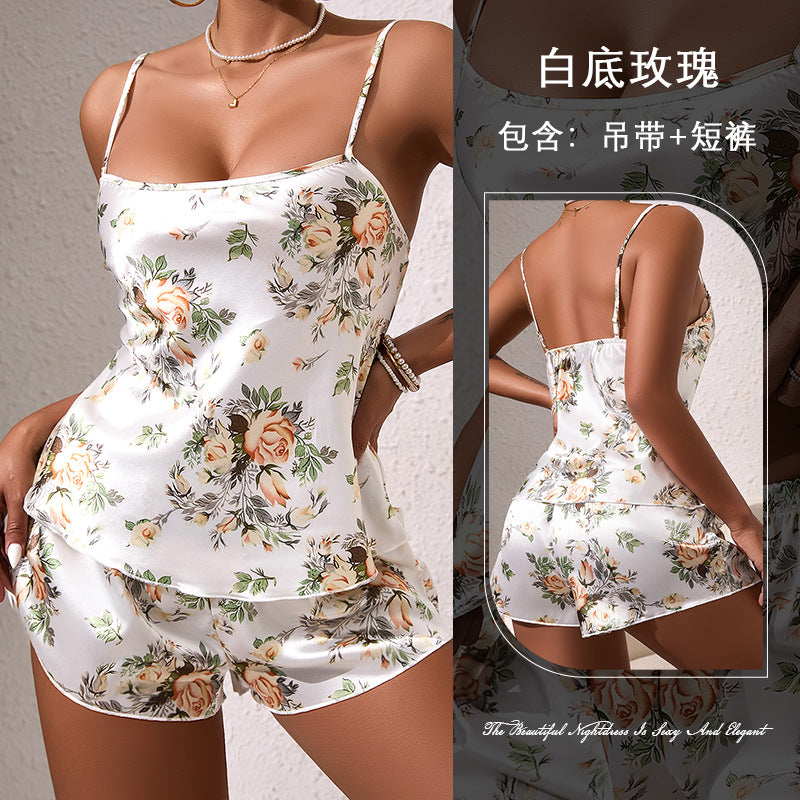 European and American Sexy Lingerie Satin Floral Print Temptation Nightdress Amazon AliExpress Bestseller428