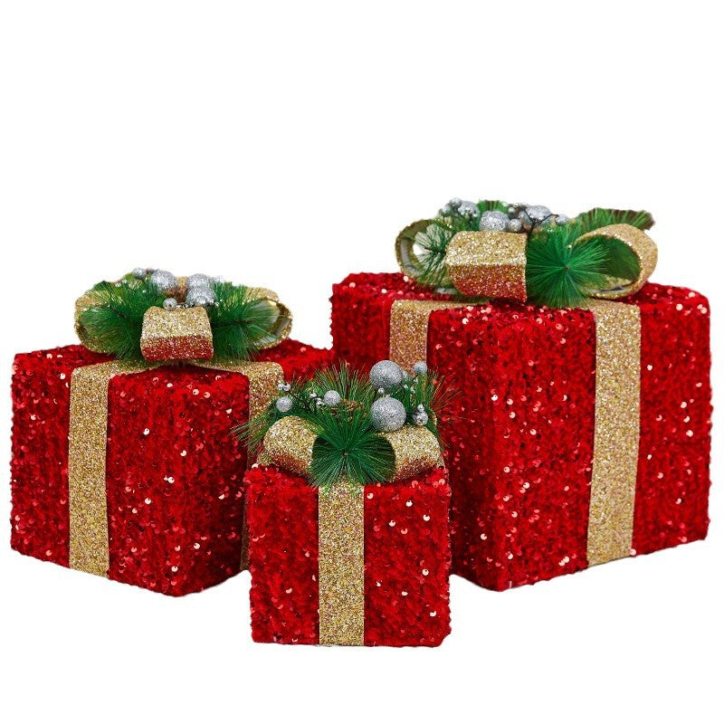 Christmas Decoration Iron Art Sequin Gift Box Glowing Under Christmas Tree Gift Box Three-Piece Set Window Display Decoration