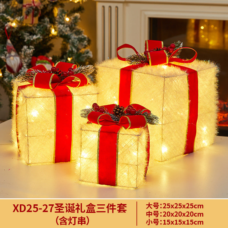Christmas Decoration Iron Art Lighted Gift Box Window Display Glowing Gift Box Three-Piece Set Christmas Tree Decoration Ornament
