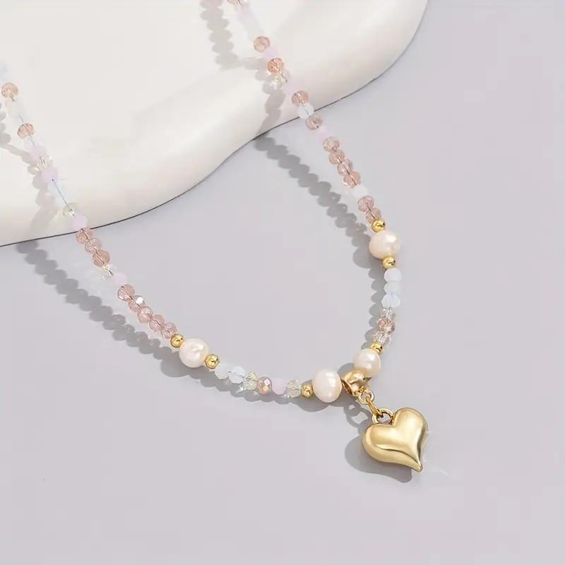 Natural Pearl & Crystal Heart Necklace - Dainty Gold Pendant Choker for Women, Elegant Gift