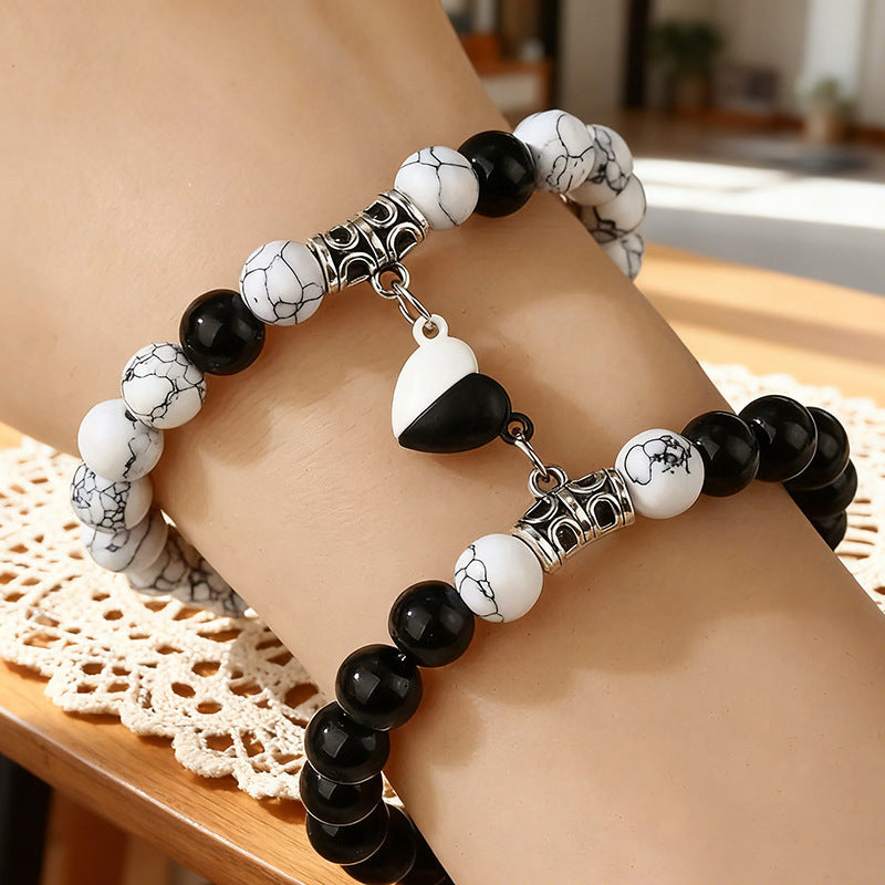 Natural Stone Energy Bracelets Set - Minimalist Stretch Bracelet with Heart Magnetic Clasp for Women (2 Pcs)