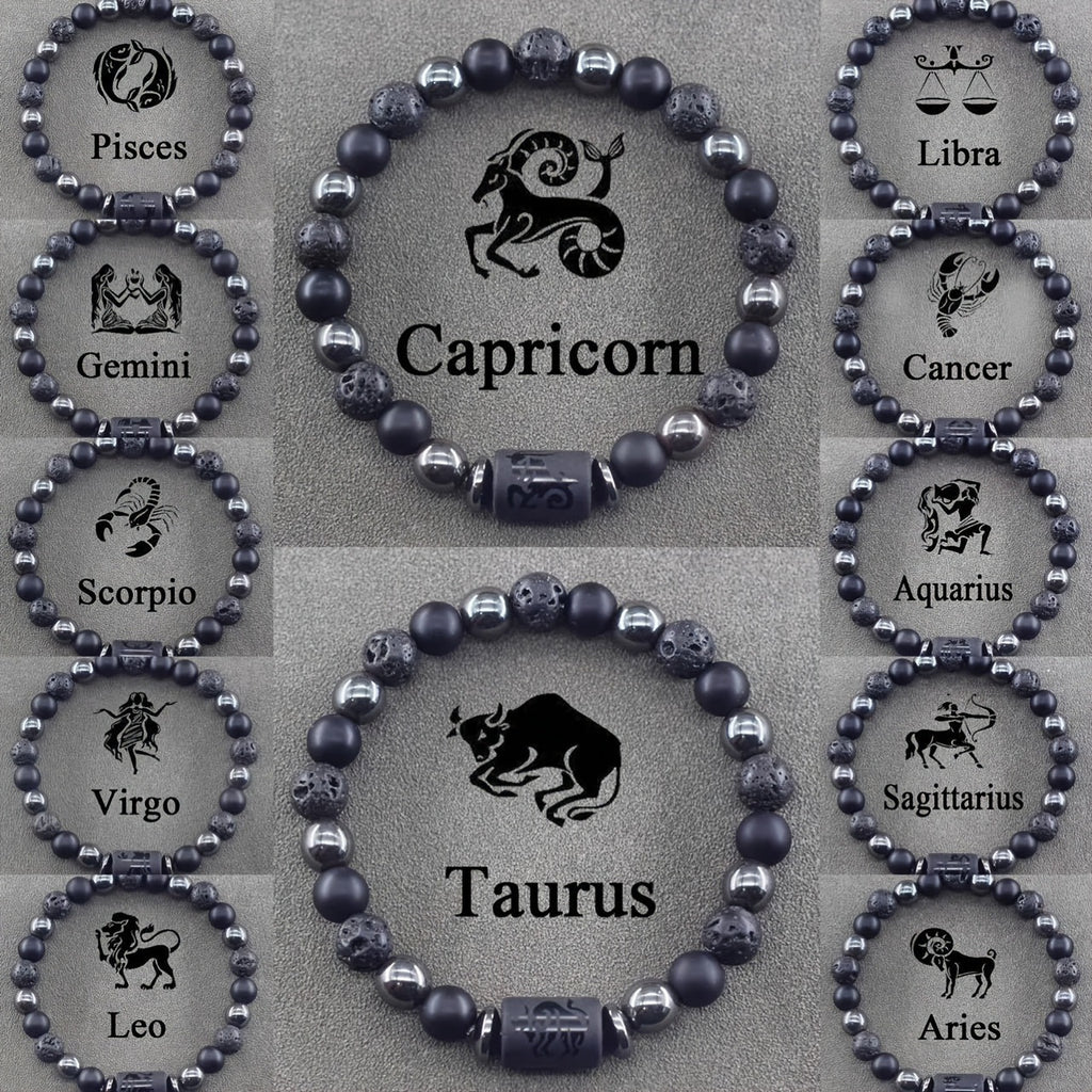 12 Zodiac Signs Bracelets Set for Men - Black Obsidian Lava Stone Elastic Beads Astrology Collection
