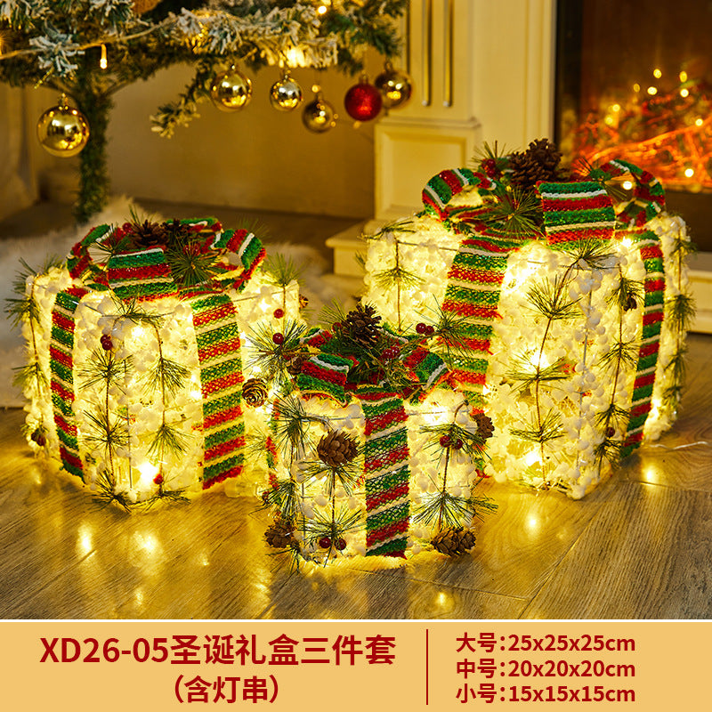 Christmas Decoration Iron Art Gift Box with Lights, Three-Piece Set Gift Box for Under the Christmas Tree Decoration