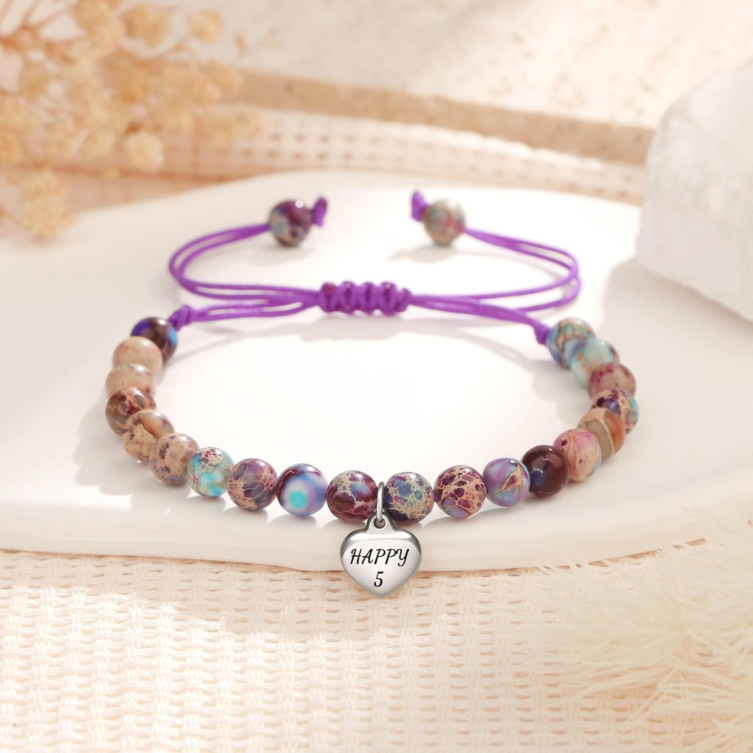 Sweet 18 Birthday Bracelet for Daughter - Personalized Heart Pink Zebra Stone adjustable Gift for 18th Birthday