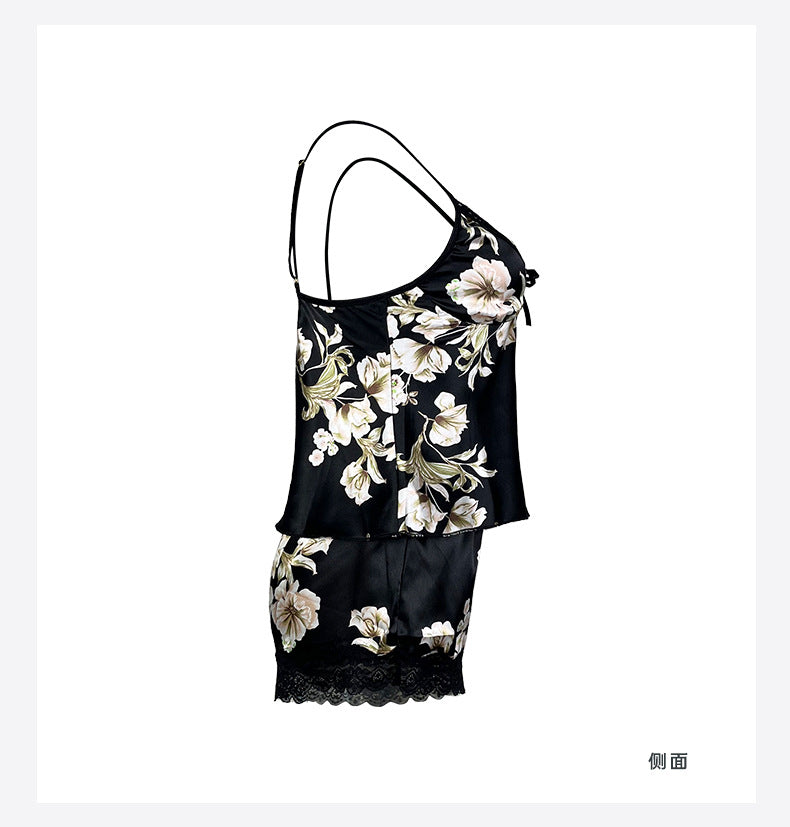 New Style Ice Silk Printed Breathable Thin Shorts Women's Loungewear Faux Silk Camisole Top Sexy Pajamas488