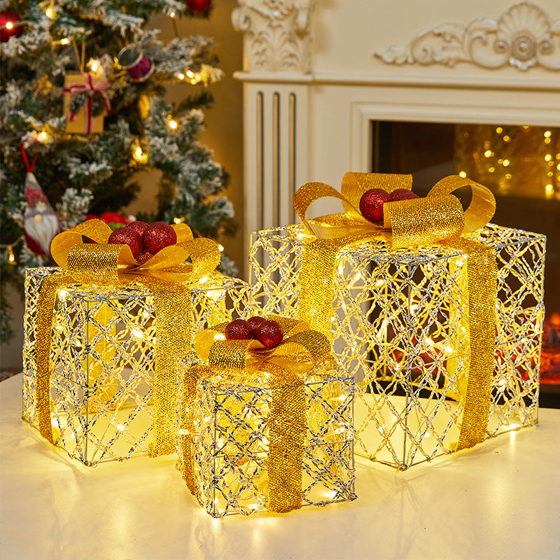 Christmas Decoration Glowing Gift Box Under the Christmas Tree Star Hollow Iron Art Gift Box Window Display Gift Box Ornament