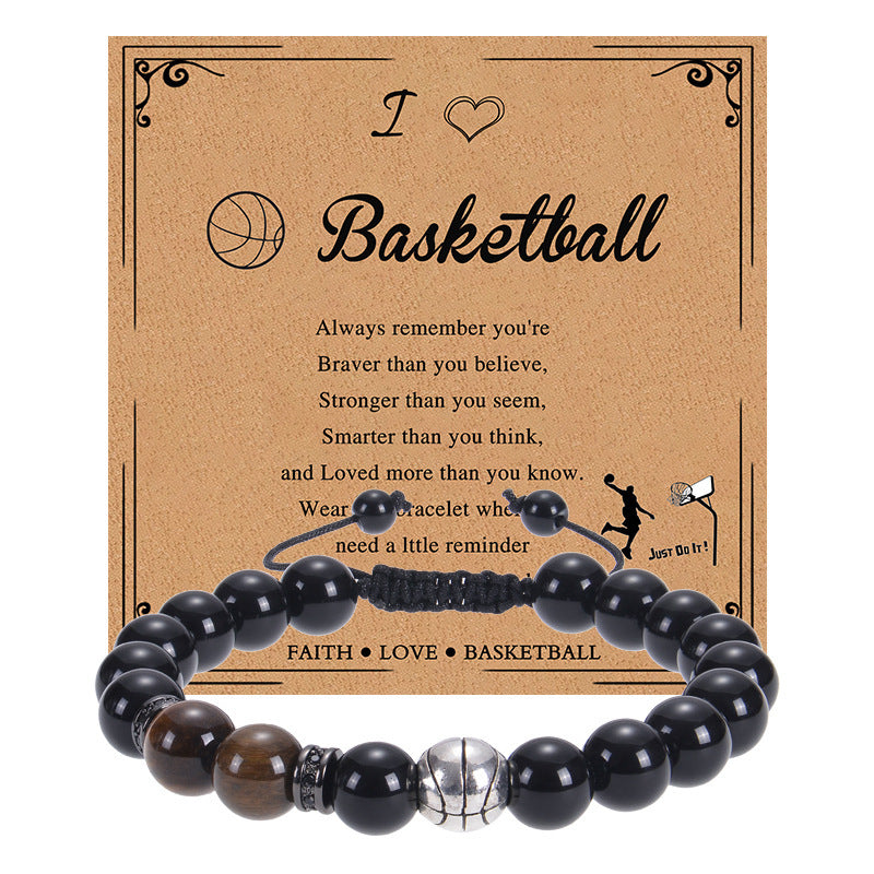 Men's Sports Bracelet with Tiger Eye - Adjustable Black Bead String Bracelet for Basketball Soccer Tennis Players, Gift for Him