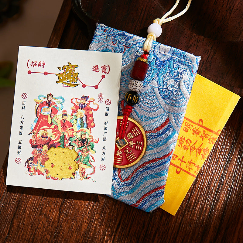 5 Wealth Gods Blessing Set - Phone Sticker & Fortune Talisman Pouch, Chinese Traditional Wealth Amulet for Business/Success