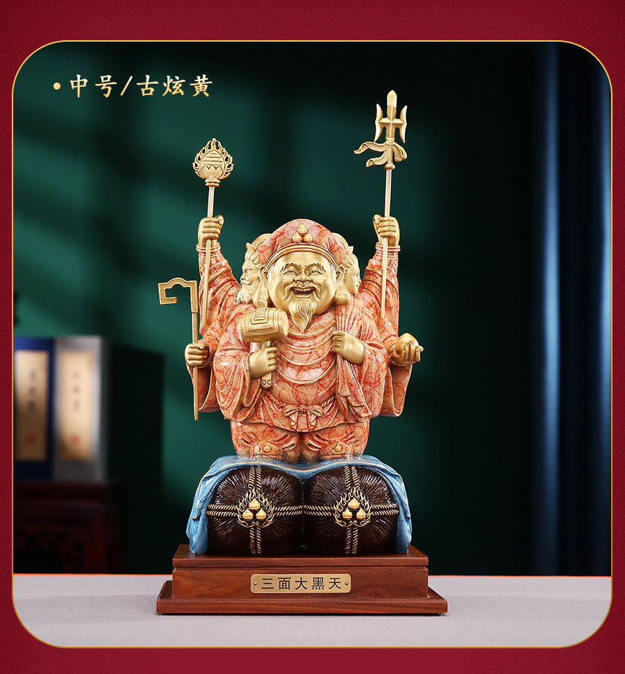 Brass Color-Cut Gold Large Three-Sided Black Heavenly God of Wealth Bronze Statue Home Decoration Craft Ornament