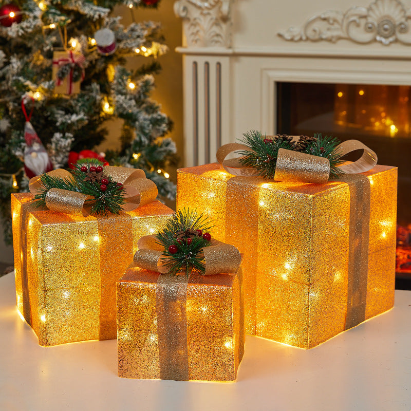 Christmas Decoration Iron Art Lighted Gift Box Window Display Glowing Gift Box Three-Piece Set Christmas Tree Decoration Ornament