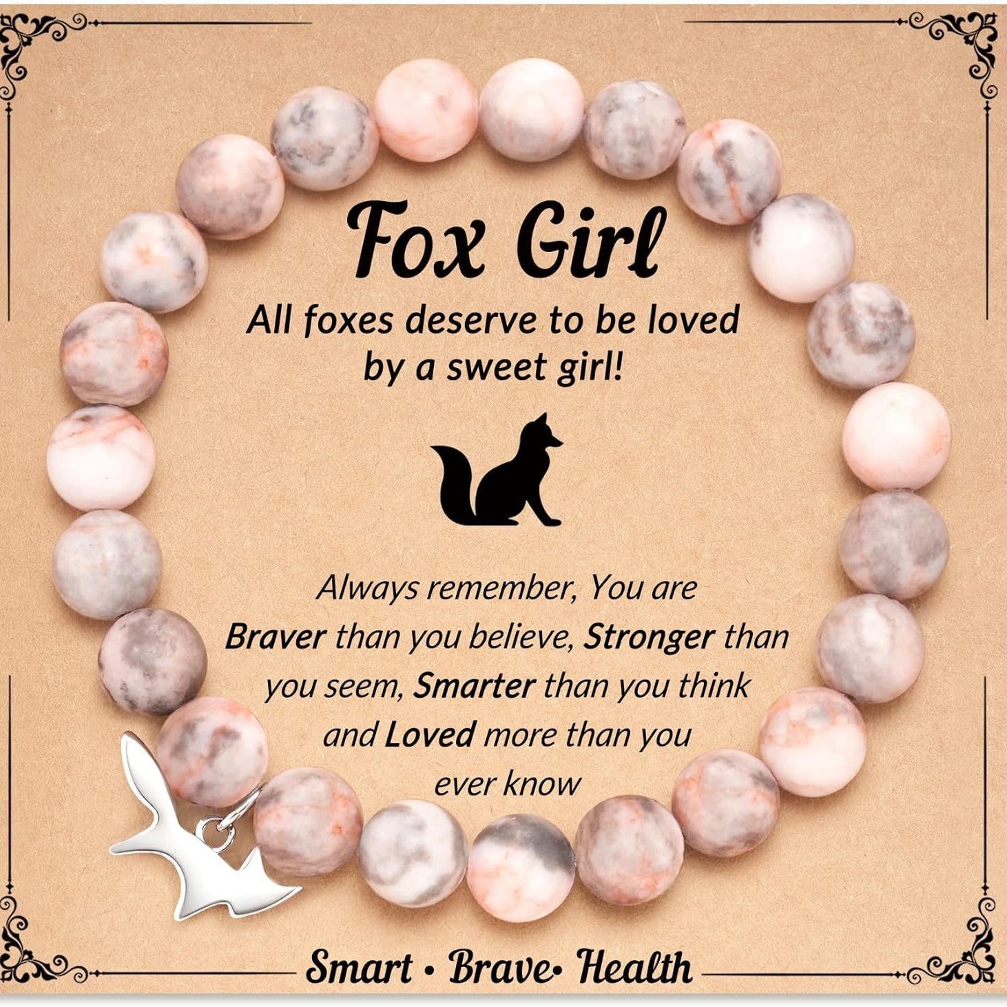 Fox Girl Charm Bracelet - Green Chrysoprase & Pink Zebra Stone Beaded Bracelet, Talisman for the Brave & Sweet