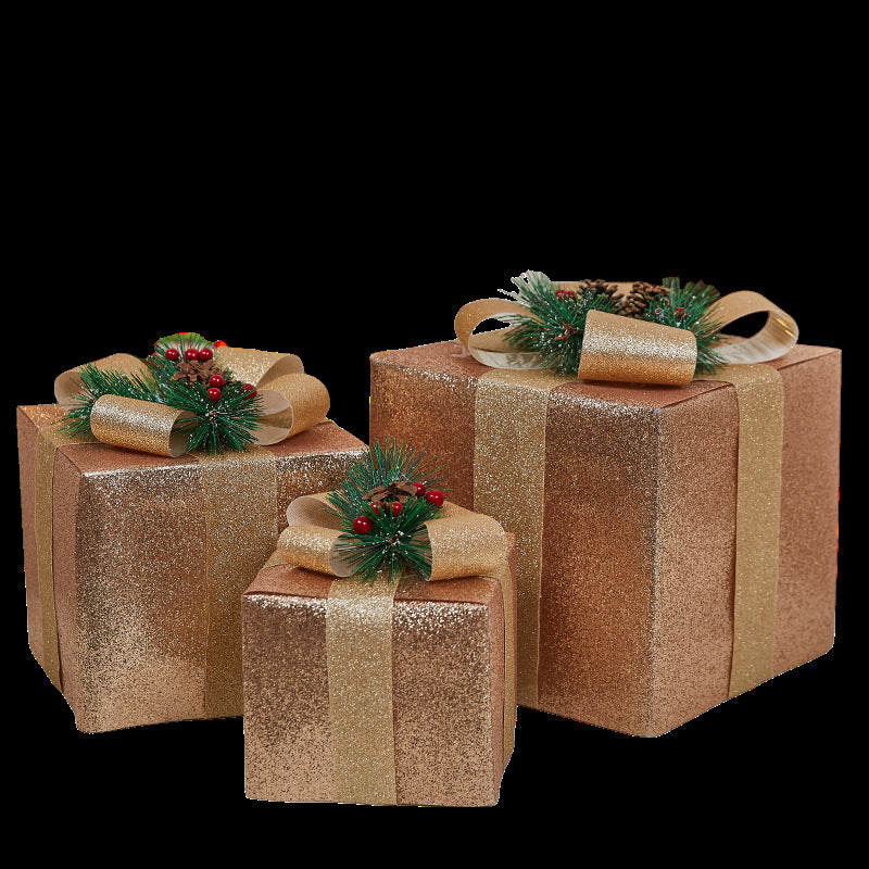 Christmas Decoration Iron Art Lighted Gift Box Window Display Glowing Gift Box Three-Piece Set Christmas Tree Decoration Ornament