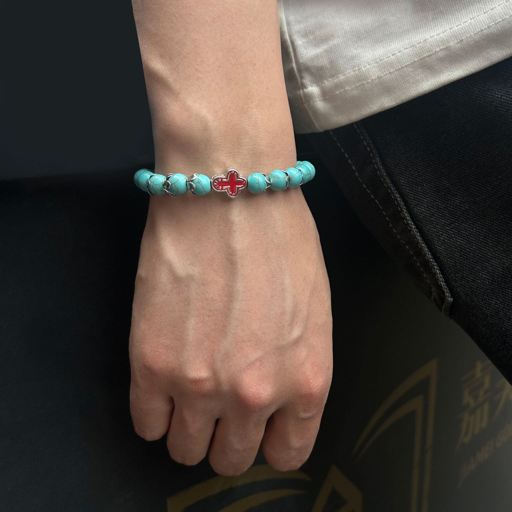 Turquoise Cross Protection Bracelet - Stretchable Natural Stone Beads Bracelet for Men & Women