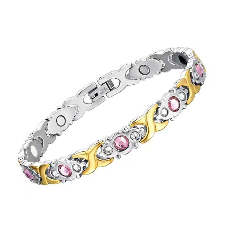 Magnetic Snap Hip Hop Bracelet for Men - Stainless Steel X-Link Cubic Zirconia Chain Bracelet, Adjustable Streetwear Jewelry