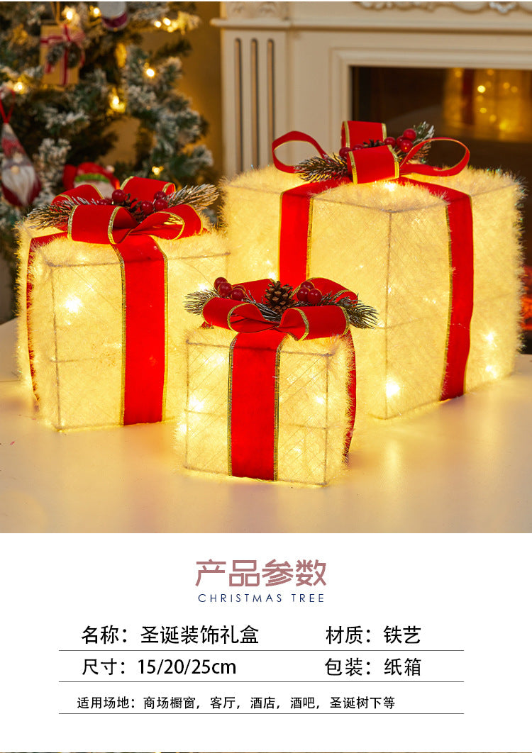 Christmas Decoration Iron Art Lighted Gift Box Window Display Glowing Gift Box Three-Piece Set Christmas Tree Decoration Ornament