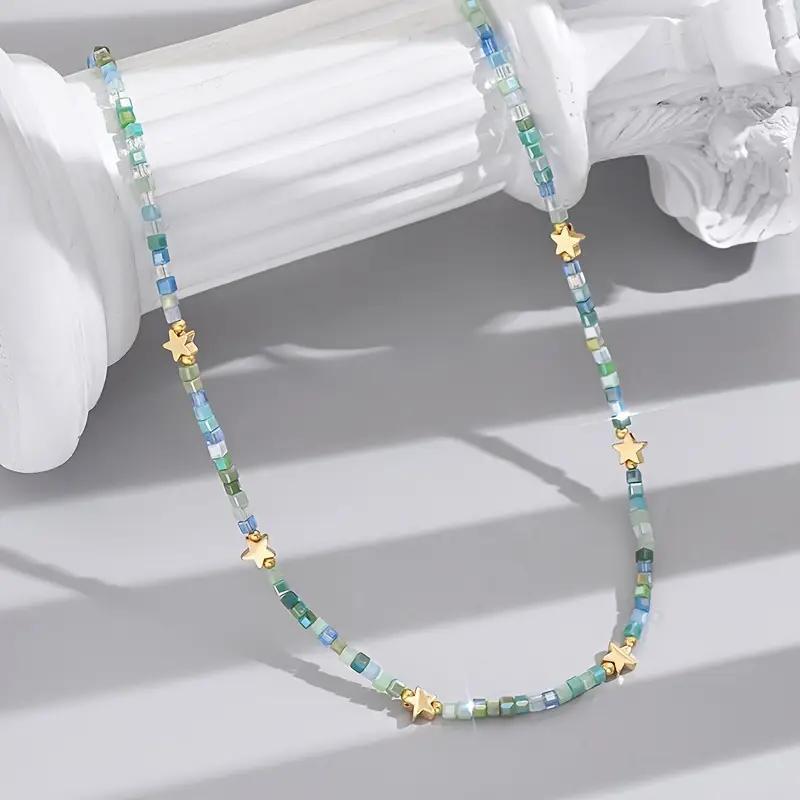 Bohemian Star Seed Bead Necklace - Retro Blue Green Gold Star Pendant Choker for Women