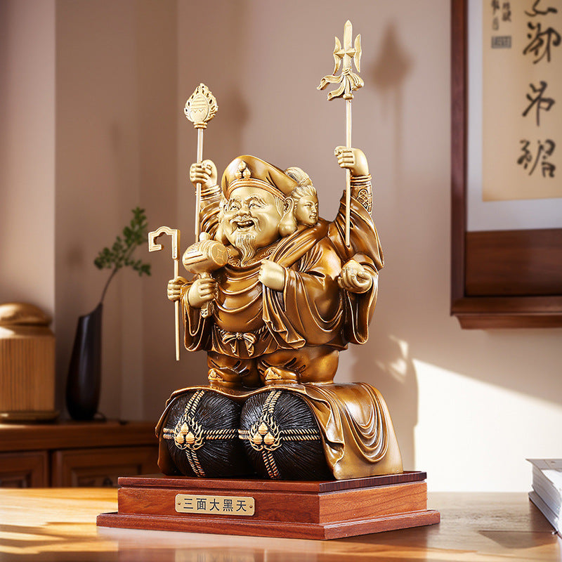 Brass Color-Cut Gold Large Three-Sided Black Heavenly God of Wealth Bronze Statue Home Decoration Craft Ornament
