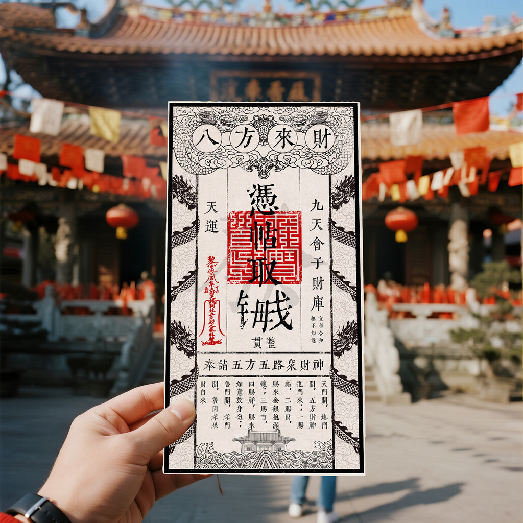 Five way God of Wealth Seeking Money Mother Card" picture frame decoration - a mobile treasury that can be invited home, orthodox blessing of Mount Wutai, Taoist wealth seeking energy core, gilding aesthetic house decoration