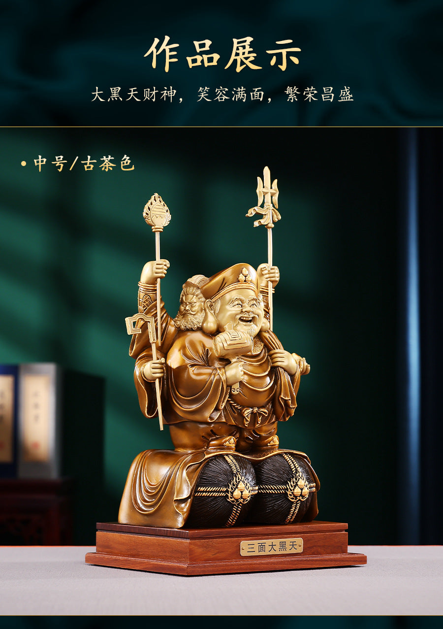 Brass Color-Cut Gold Large Three-Sided Black Heavenly God of Wealth Bronze Statue Home Decoration Craft Ornament